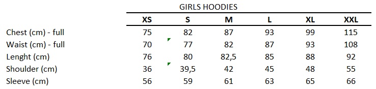 Sizes Chart - BejkRoll Girls Hoodies