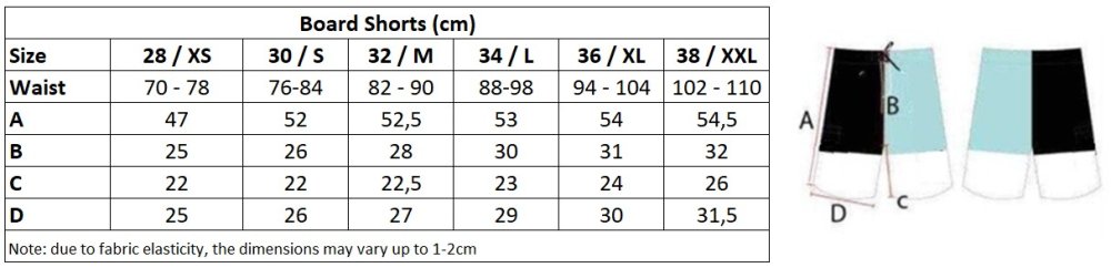 Board Shorts BejkRoll - Sizes CHart