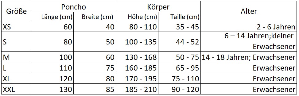 BejkRoll poncho size guide