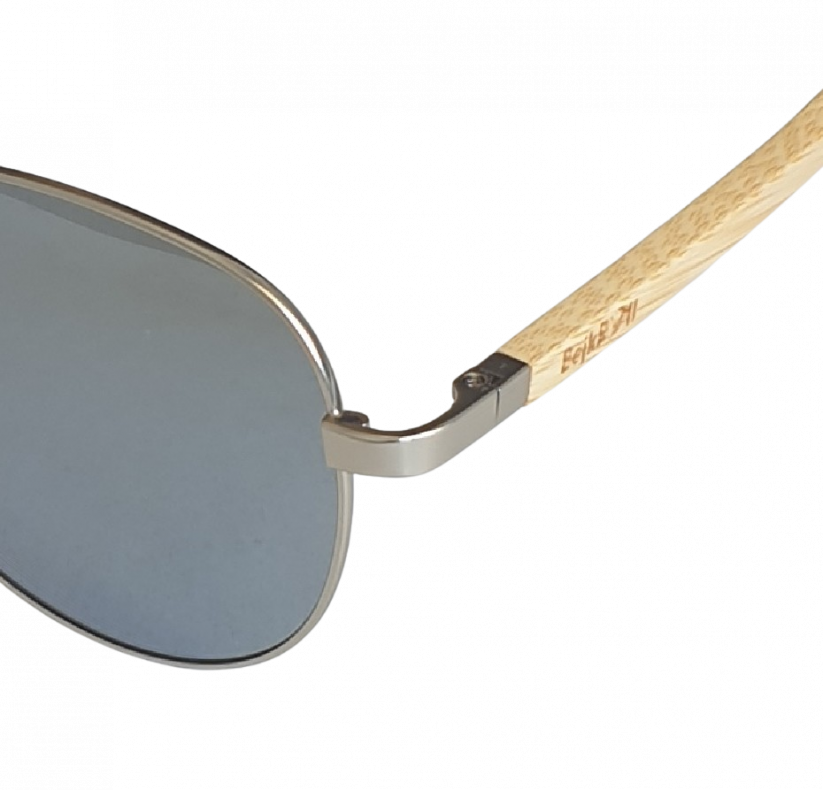 Sluneční brýle BejkRoll PILOT - stříbrné zrcadlo - logo detail na bambusové nožičce