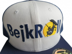 Snap Trucker White-Navy cap BejkRoll - Flat logo - front detail embroidered logo