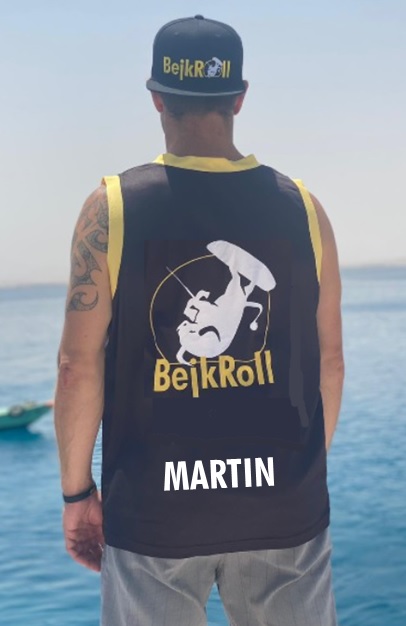 Koszulka kiteboardingowa BejkRoll czarno-żółta (z otworem na hak trapezowy) - z własnym tekstem - Velikost: XXL