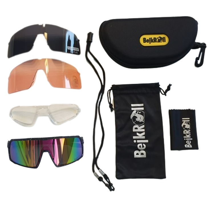 Sunglasses BejkRoll Champion REVO + EVA Box - black with color dots - pink/yellow mirror - unpacked