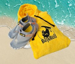 Surf Poncho BejkRoll yellow on beach and water shoes - grey Surf Poncho BejkRoll yellow on beach and water shoes - grey