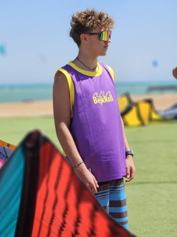 Camiseta deportiva BejkRoll morado amarillo/logotipo excéntrico - Color: morado/amarillo, Talla: S