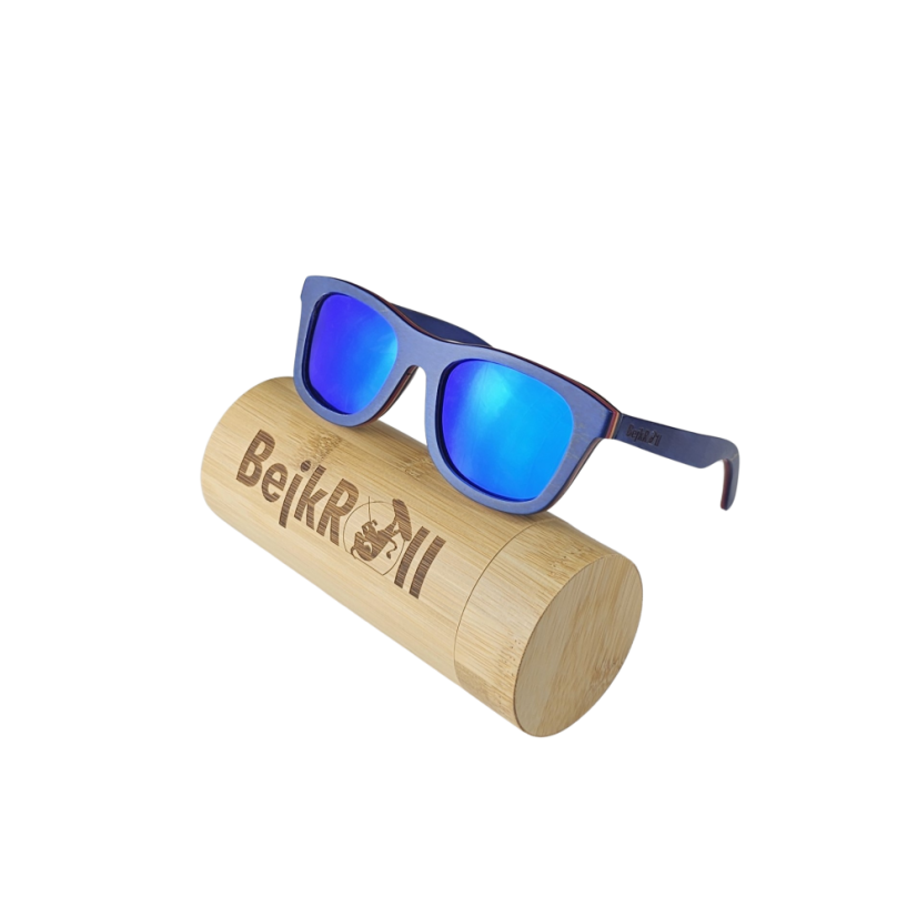 Sunglasses BejkRoll AGENT BLUE - blue mirror - natural bamboo tube