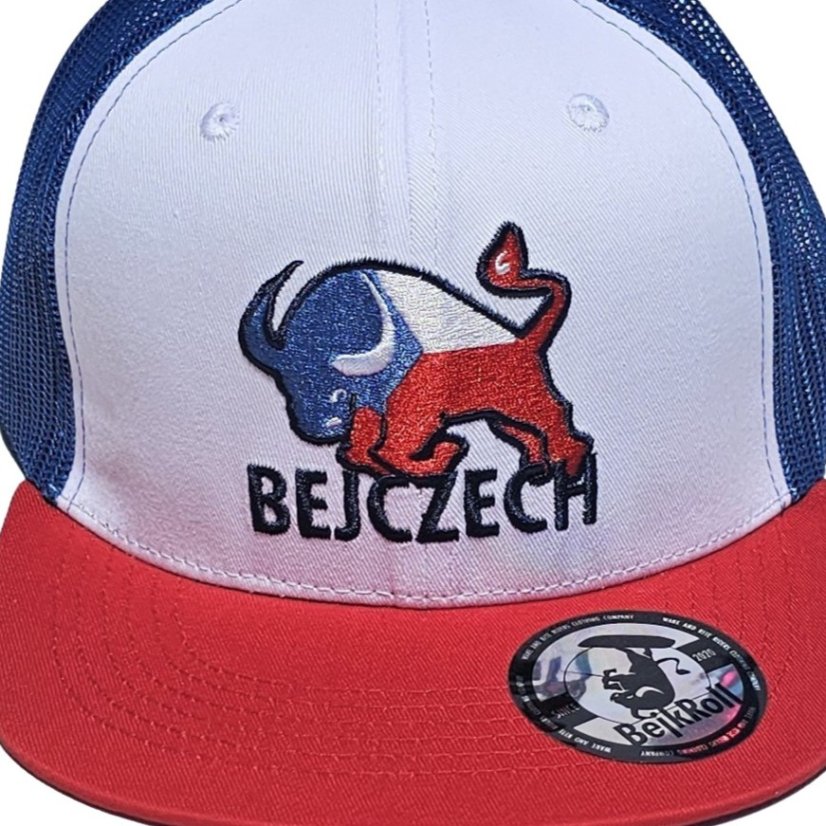 Gorra Snap Trucker blanca/azul/roja - logotipo BEJCZECH