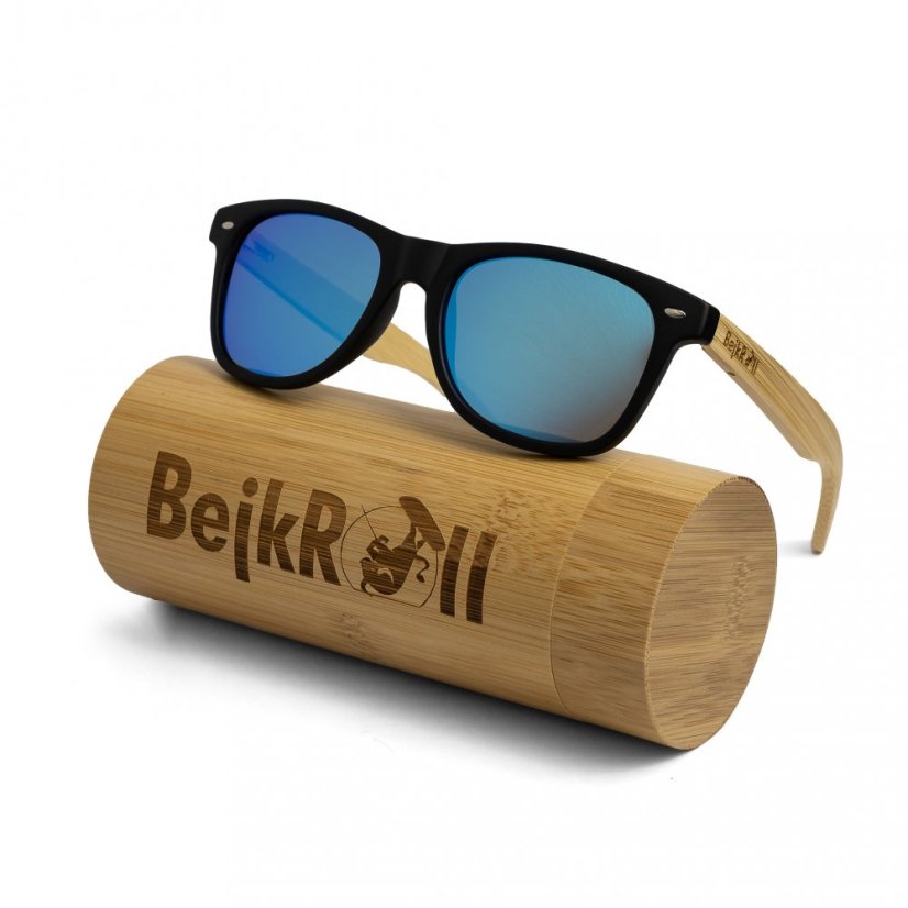 Sluneční brýle BejkRoll YOUNG GUNS černé - modré zrcadlo - bambusová tuba