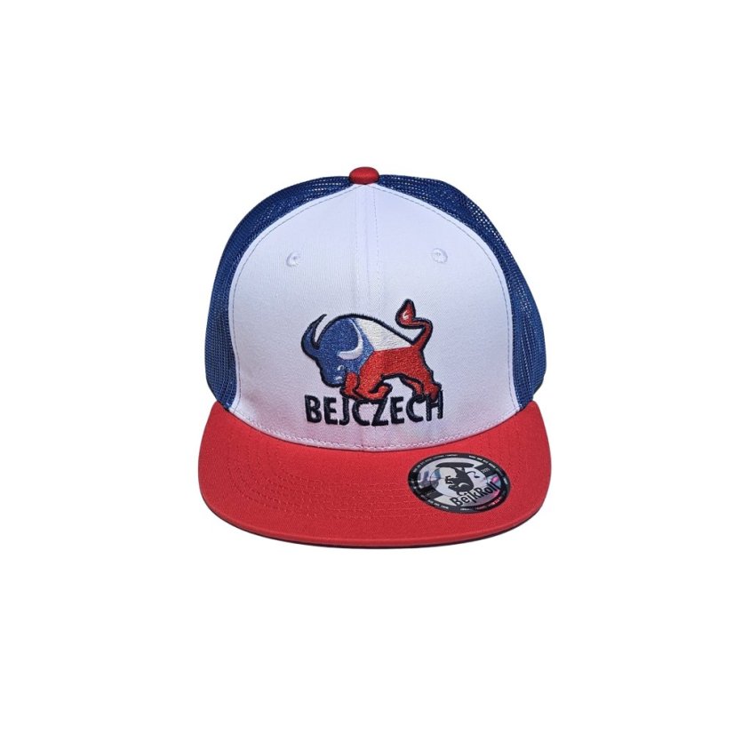 Gorra Snap Trucker blanca/azul/roja - logotipo BEJCZECH