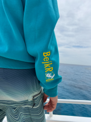 BEJK VELVET - Velvet sweatshirt with hood BejkRoll - petroleum - detail embroidered logo sleeve