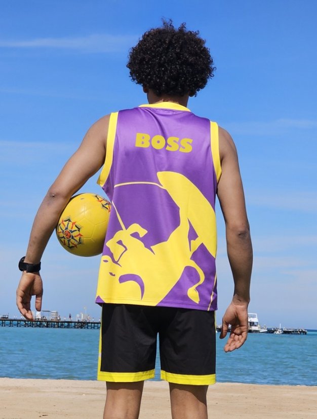 Camiseta deportiva BejkRoll morado amarillo/logotipo excéntrico - con texto propio - Color: morado/amarillo, Talla: S