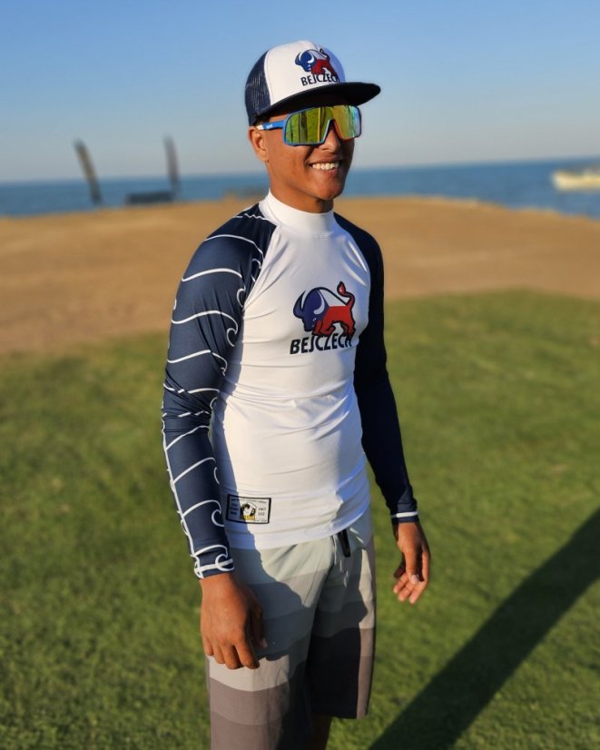 Lycra - Estilo raglán - blanco/azul - Logotipo BEJCZECH - unisex