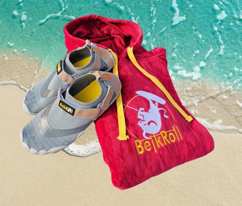 Surf Poncho BejkRoll watermelon red on beach and water shoes - grey