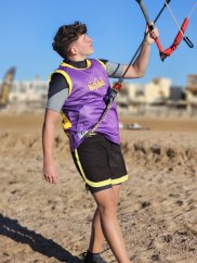 Koszulka do kitesurfingu BejkRoll fioletowo-żółta/nieregularne logo (z otworem na hak trapezowy) - z własnym tekstem