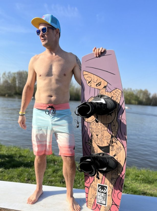 Šorty BejkRoll - oranžovo/světle modré - unisex - s wakeboardem HOT Edition - vel 34