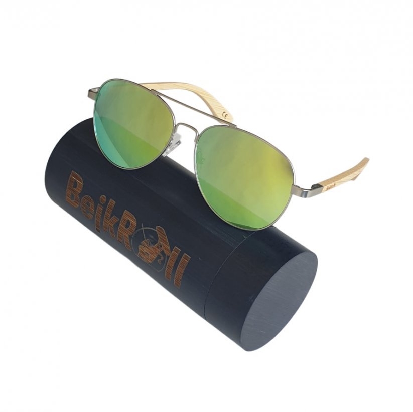 Sunglasses BejkRoll PILOT - gold mirror with black color bamboo tube