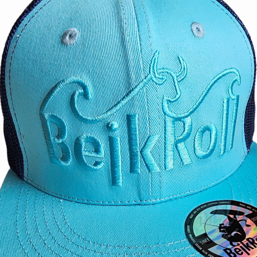 Snap Trucker Turquise-Blue cap BejkRoll - Wave logo - front detail logo