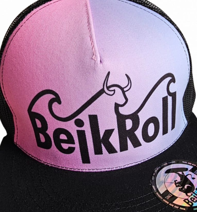 Snap Trucker Pink-Turquise cap BejkRoll - Wave logo - front detail logo