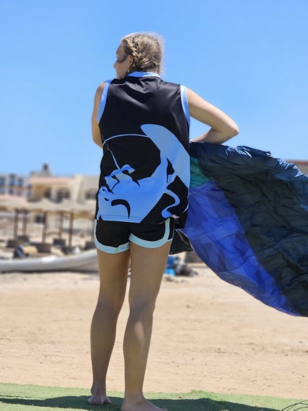 Camiseta de kitesurf BejkRoll negro azul/logotipo excéntrico (con orificio para gancho de trapecio) - Color: negro/azul, Talla: S