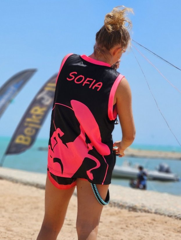 Camiseta de kitesurf BejkRoll negro rosa/logotipo excéntrico (con orificio para gancho de trapecio) - con tu propio texto - Color: negro/rosa, Talla: S