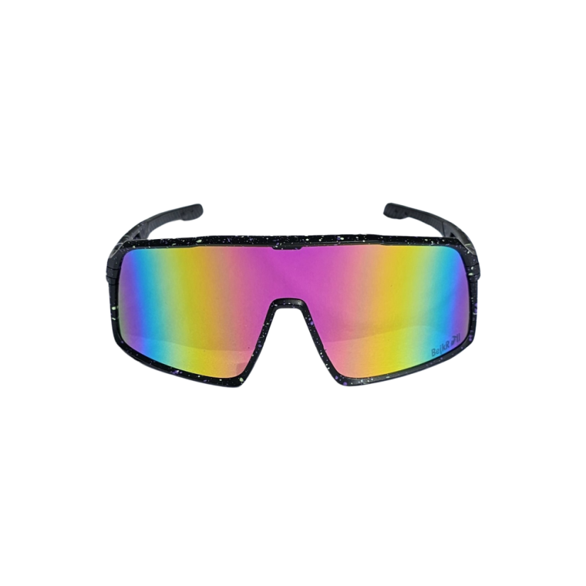 Sunglasses BejkRoll Champion REVO + EVA Box - black with color dots - pink/yellow mirror - front