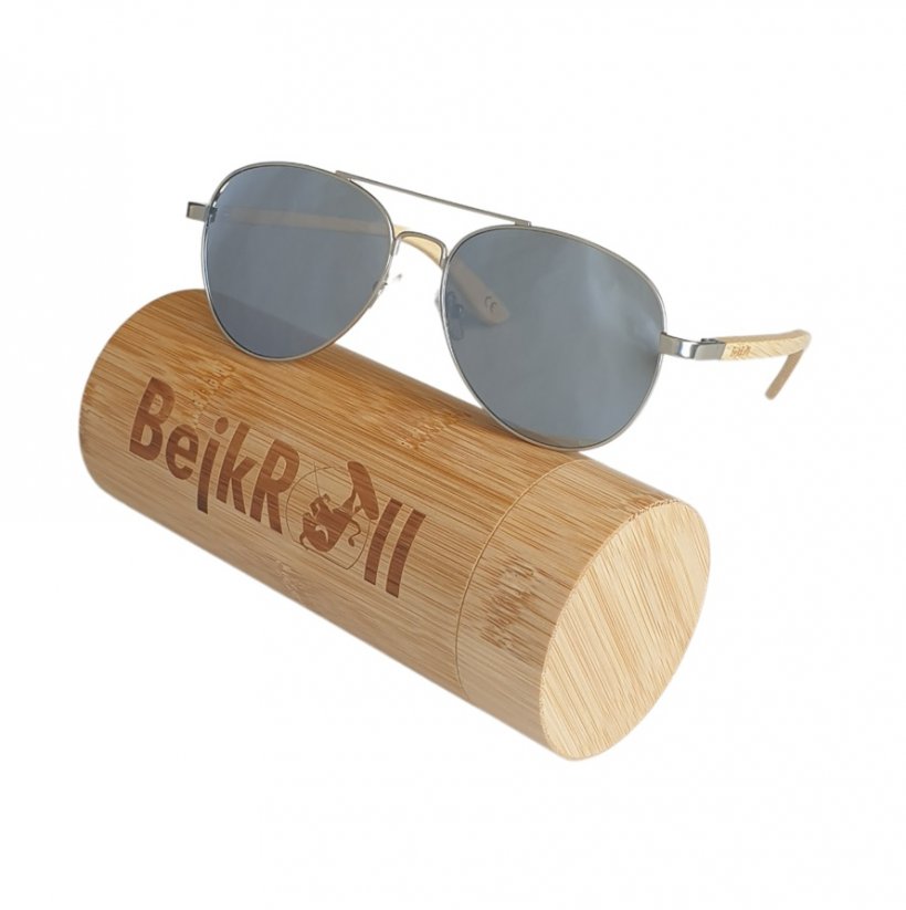 Sluneční brýle BejkRoll PILOT - stříbrné zrcadlo se světlou bambusovou tubou