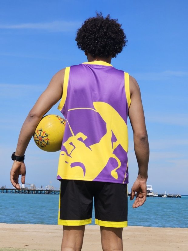 Camiseta deportiva BejkRoll morado amarillo/logotipo excéntrico - Color: morado/amarillo, Talla: S