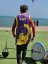 Camiseta de kitesurf BejkRoll morado amarillo/logotipo excéntrico (con orificio para gancho de trapecio) - con tu propio texto - Color: morado/amarillo, Talla: S