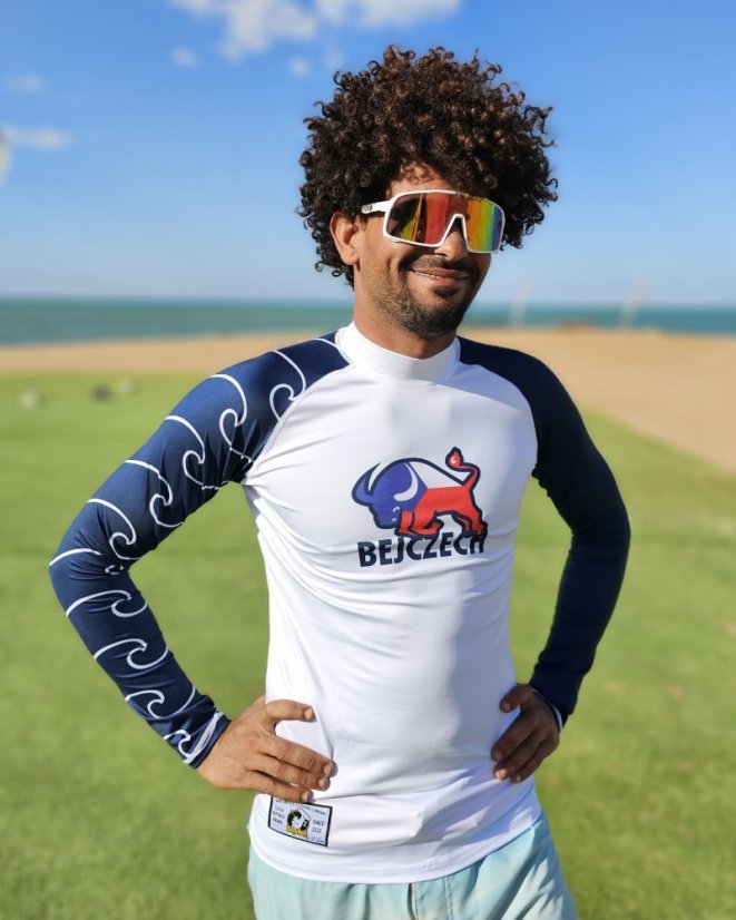 Lycra - Estilo raglán - blanco/azul - Logotipo BEJCZECH - unisex