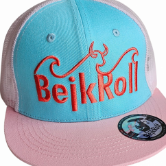 Snap Trucker Růžovo-Tyrkysová kšiltovka BejkRoll - Wave logo - předek detail logo