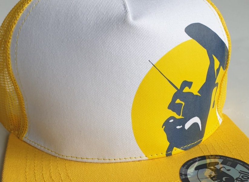 Snap Trucker Yellow-White cap BejkRoll - Rounded logo - front detail logo