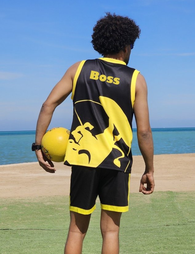 Camiseta deportiva BejkRoll negra amarilla/logotipo excéntrico - con texto propio - Color: negro/amarillo, Talla: S