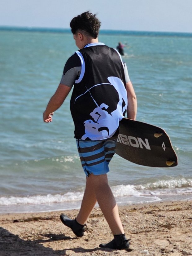 Camiseta de kitesurf BejkRoll negro azul/logotipo excéntrico (con orificio para gancho de trapecio) - Color: negro/azul, Talla: S