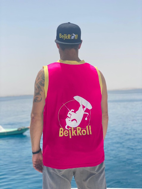 Koszulka kiteboardingowa BejkRoll różowy/żółty (z otworem na hak trapezowy) - Velikost: L