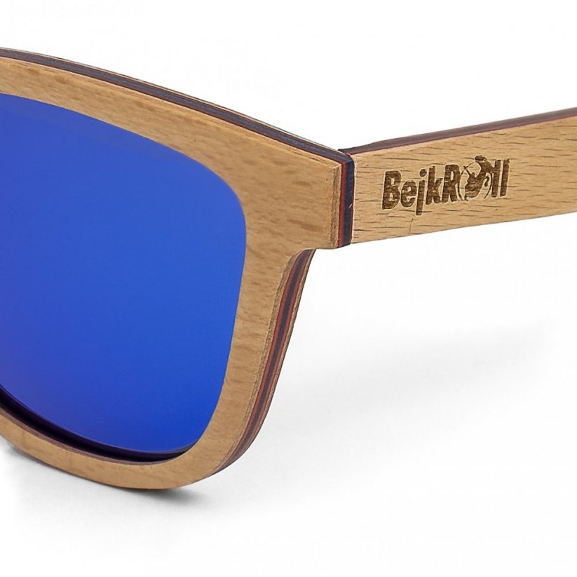 Sluneční brýle BejkRoll BOSS světlé - modré zrcadlo - skládané javorové dřevo detail