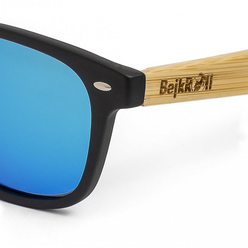 Sunglasses BejkRoll YOUNG GUNS black - blue mirror -  logo detail on bamboo leg