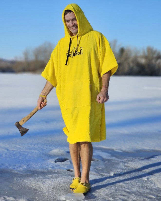Surf Poncho BejkRoll WAVE MASTER - yellow - boy on ice with axe - front