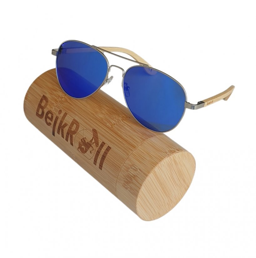 Sluneční brýle BejkRoll PILOT - modré zrcadlo s bambusovou tubou v přírodní barvě