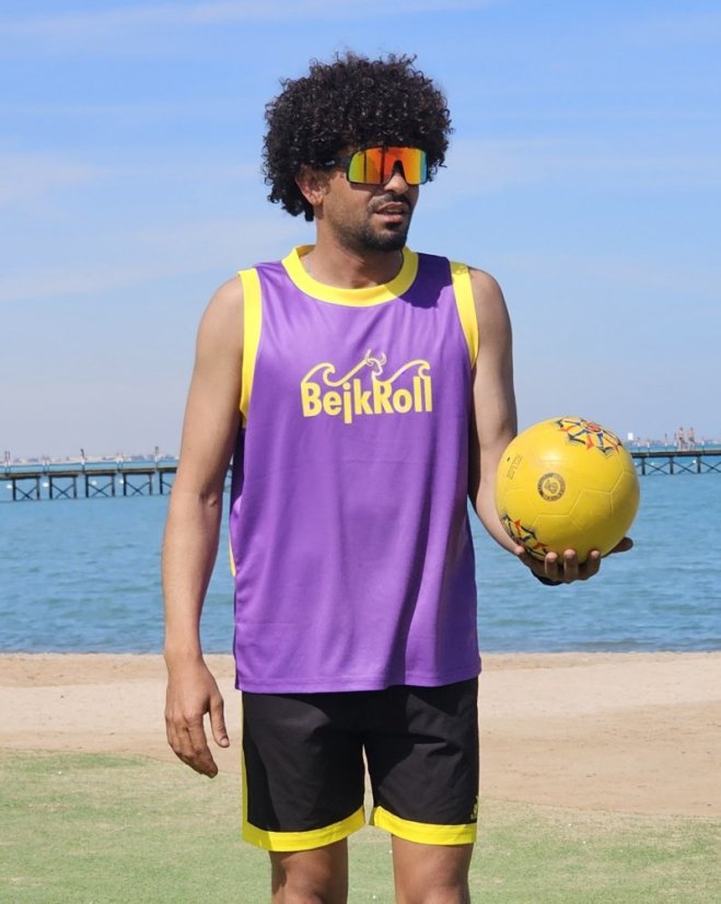 Camiseta deportiva BejkRoll morado amarillo/logotipo excéntrico - Color: morado/amarillo, Talla: S