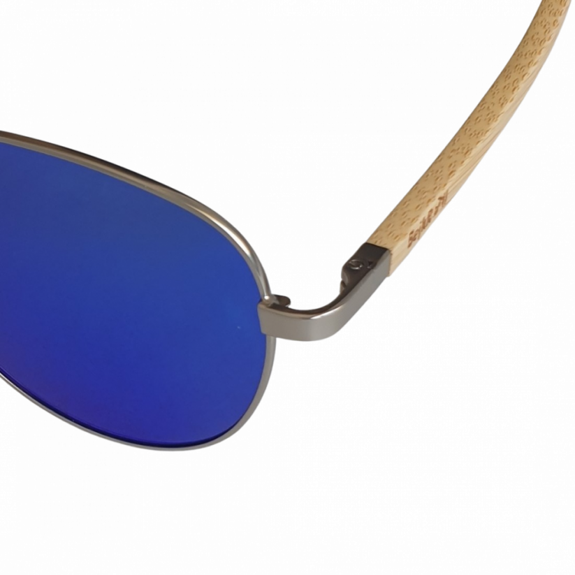 Sluneční brýle BejkRoll PILOT - modré zrcadlo - logo detail na bambusové nožičce