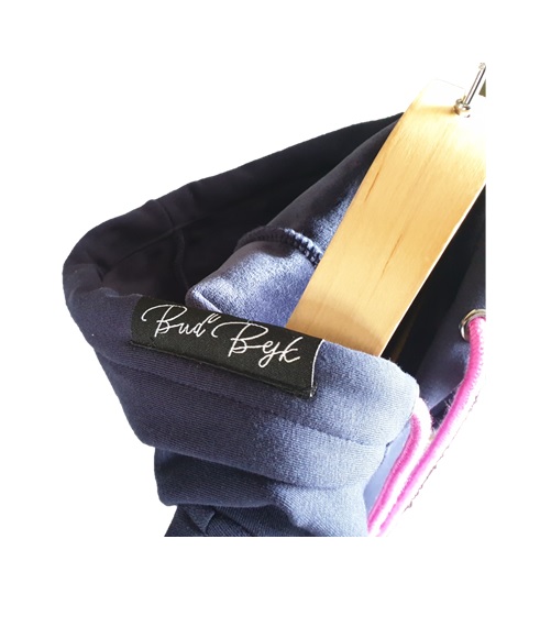 BEJK VELVET - Velvet sweatshirt with hood BejkRoll - extended - navy blue - detail velvet material and tag Be Bull - hanger