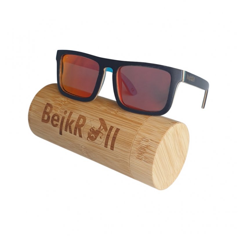 Sunglasses BejkRoll MAJOR - red mirror - dark maple frame - bamboo tube