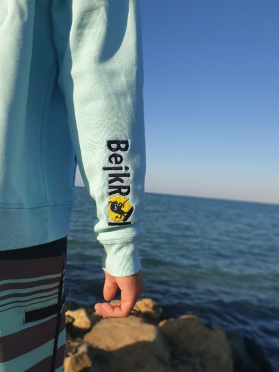 BEJK VELVET - Velvet sweatshirt with hood BejkRoll - turquise - detail embroidered logo sleeve