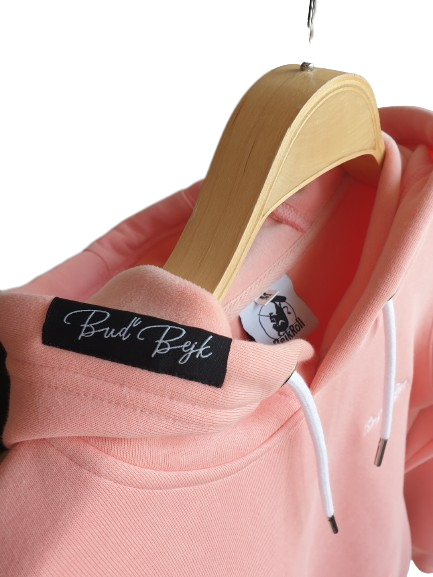 BEJK VELVET - Velvet sweatshirt with hood BejkRoll - extended - pink - detail velvet material and tag Be Bull - hanger