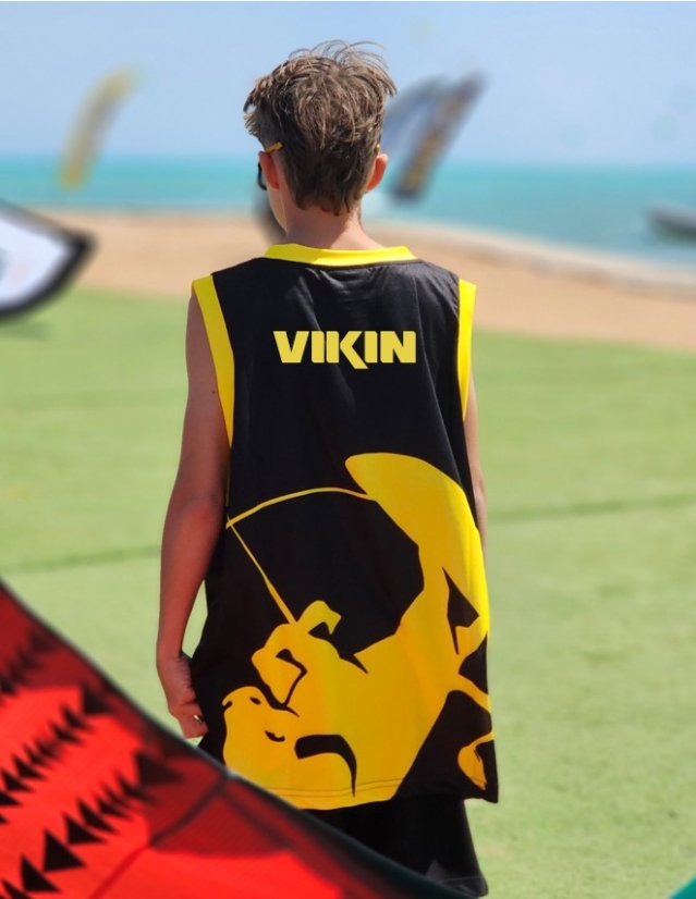 Camiseta de kitesurf BejkRoll negro amarillo/logotipo excéntrico (con orificio para gancho de trapecio) - con su propio texto - Color: negro/amarillo, Talla: S