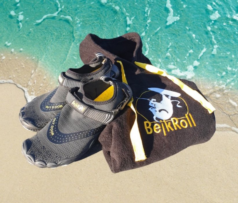 Set k vodě – ručníkové pončo černé + boty do vody - vyber si své barvy - Velikost: XL, Velikost boty EU: 36, Barva boty: Žlutá