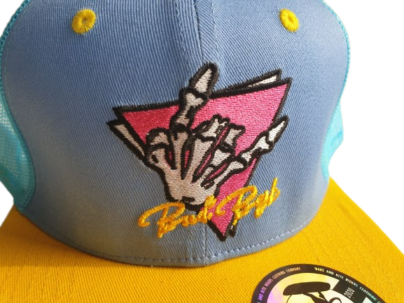 Snap Trucker Yellow-Light Blue cap BejkRoll - Triangl logo - front detail embroidered logo