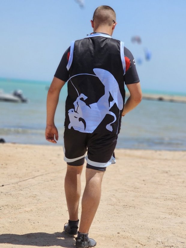 Camiseta de kitesurf BejkRoll negro azul/logotipo excéntrico (con orificio para gancho de trapecio) - Color: negro/azul, Talla: S