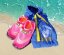 Surf Poncho BejkRoll royal blue on beach and water shoes - pink