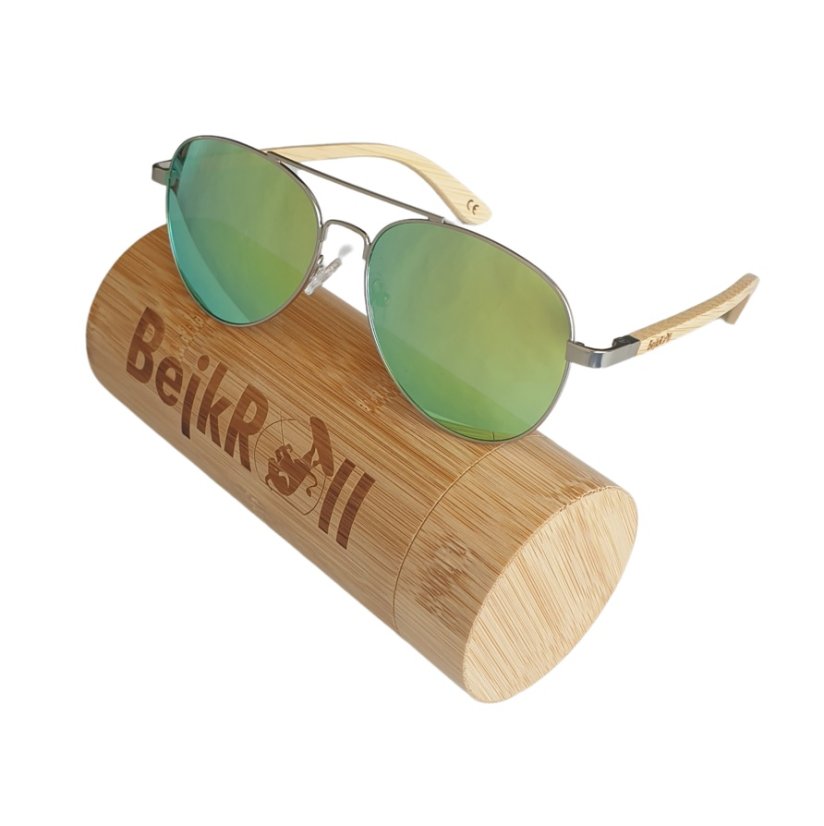 Sunglasses BejkRoll PILOT - gold mirror with natural color bamboo tube